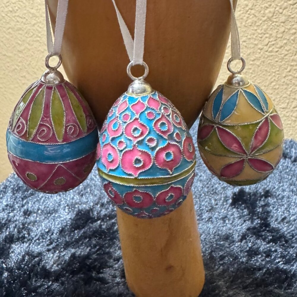 Pottery Barn Decorative Hanging Easter Cloisonné Tree Eggs Set Of 3 Colorful